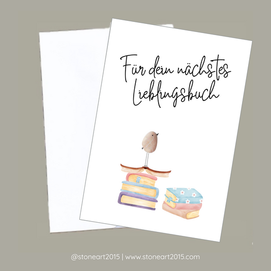 Handgemachte Karte mit Mini-Steinbild ‚Lieblingsbuch‘ – Geschenkidee für Buchliebhaber und kreative Geldgeschenke