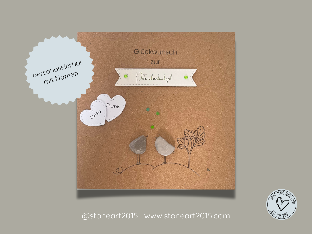 Handgemachte Karte mit Mini-Steinbild zur Petersilienhochzeit – Geschenkidee zum 12,5. Hochzeitsta