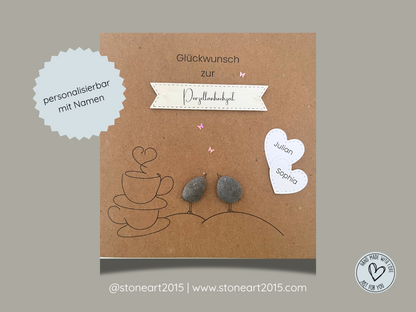 Handgemachte Karte mit Mini-Steinbild zur Porzellanhochzeit – 20 Jahre Ehe, liebevolle Geschenkidee