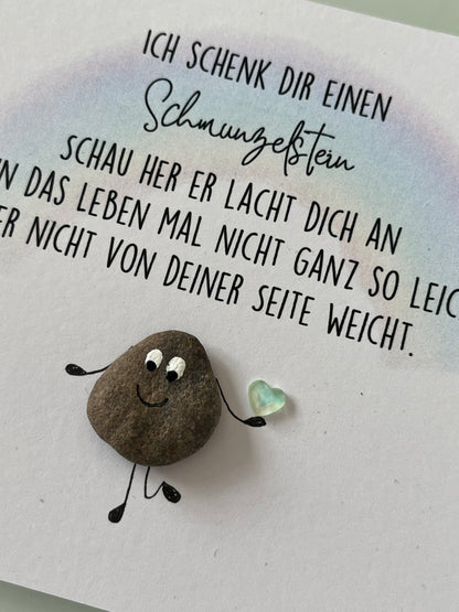 Handgemachte Grußkarte mit Mini-Steinbild „Schmunzelstein“ – liebevolles Mitbringsel zum Aufmuntern, Lächeln schenken & Freude bereiten.