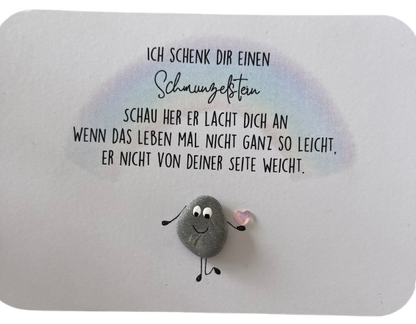 Handgemachte Grußkarte mit Mini-Steinbild „Schmunzelstein“ – liebevolles Mitbringsel zum Aufmuntern, Lächeln schenken & Freude bereiten.