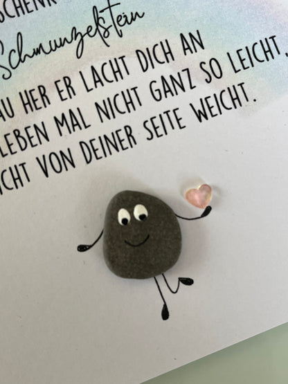 Handgemachte Grußkarte mit Mini-Steinbild „Schmunzelstein“ – liebevolles Mitbringsel zum Aufmuntern, Lächeln schenken & Freude bereiten.