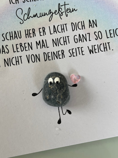 Handgemachte Grußkarte mit Mini-Steinbild „Schmunzelstein“ – liebevolles Mitbringsel zum Aufmuntern, Lächeln schenken & Freude bereiten.