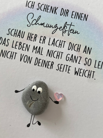 Handgemachte Grußkarte mit Mini-Steinbild „Schmunzelstein“ – liebevolles Mitbringsel zum Aufmuntern, Lächeln schenken & Freude bereiten.