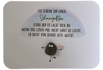 Handgemachte Grußkarte mit Mini-Steinbild „Schmunzelstein“ – liebevolles Mitbringsel zum Aufmuntern, Lächeln schenken & Freude bereiten.