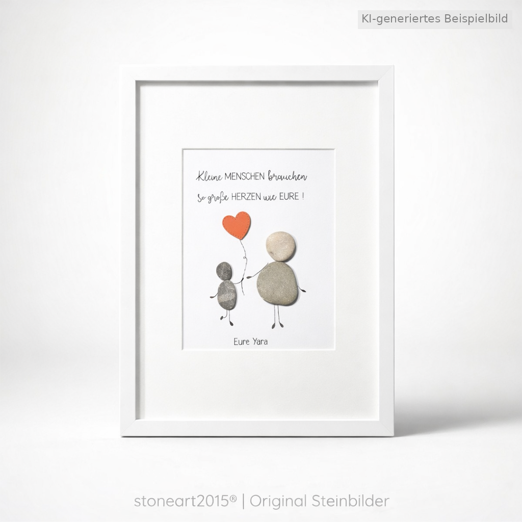 Kieselsteinbild Kleine Menschen brauchen so große Herzen wie deins – Abschiedsgeschenk Kindergarten, Herzfarbe wählbar, handgemachtes Steinbild