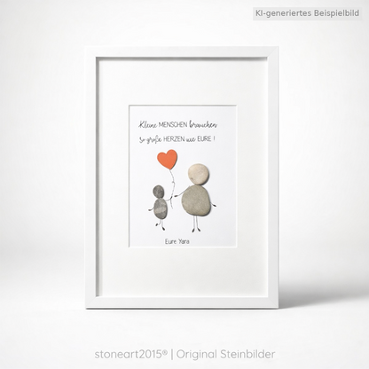 Kieselsteinbild Kleine Menschen brauchen so große Herzen wie deins – Abschiedsgeschenk Kindergarten, Herzfarbe wählbar, handgemachtes Steinbild