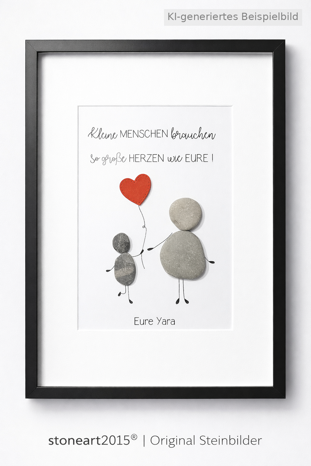 Kieselsteinbild Kleine Menschen brauchen so große Herzen wie deins – Abschiedsgeschenk Kindergarten, Herzfarbe wählbar, handgemachtes Steinbild