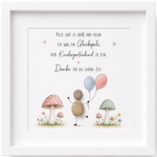 Kieselsteinbild Pilze gibt es groß und klein, ich war ein Glückspilz hier Kindergartenkind zu sein – Abschiedsgeschenk Kindergarten, handgemachtes Steinbild