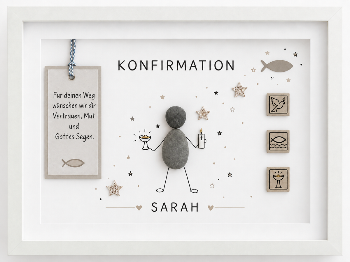 Kieselsteinbild Konfirmation „Für deinen Weg wünschen wir dir Vertrauen, Mut und Gottes Segen“ – Geschenk zur Konfirmation, handgemachtes Steinbild