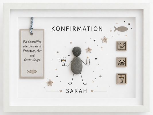 Kieselsteinbild Konfirmation „Für deinen Weg wünschen wir dir Vertrauen, Mut und Gottes Segen“ – Geschenk zur Konfirmation, handgemachtes Steinbild