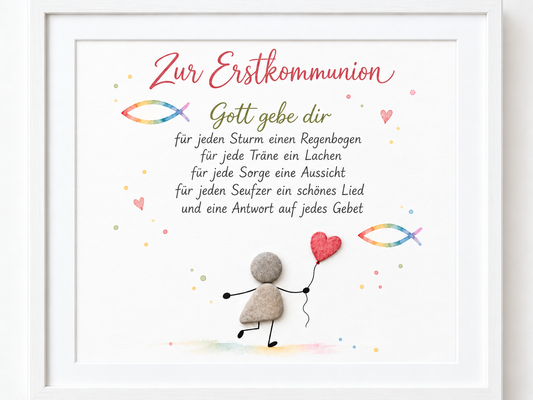 Kieselsteinbild „Zur Erstkommunion – Gott gebe dir für jeden Sturm einen Regenbogen“ – Geschenk zur Kommunion, handgemachtes Steinbild