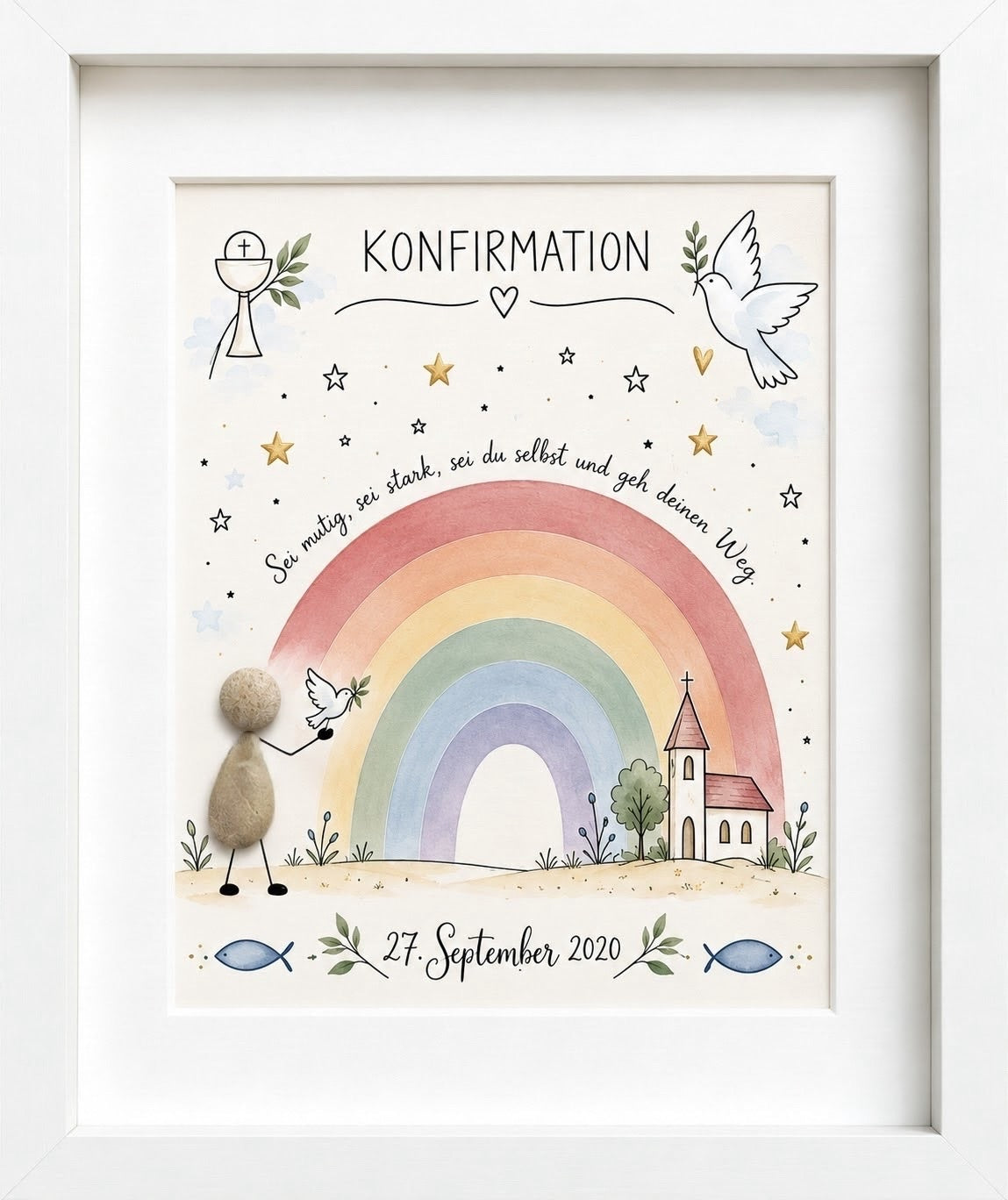 Kieselsteinbild Konfirmation „Sei mutig, sei stark, sei du selbst und geh deinen Weg“ – Geschenk zur Konfirmation, handgemachtes Steinbild