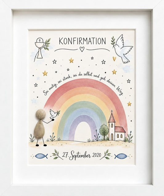 Kieselsteinbild Konfirmation „Sei mutig, sei stark, sei du selbst und geh deinen Weg“ – Geschenk zur Konfirmation, handgemachtes Steinbild