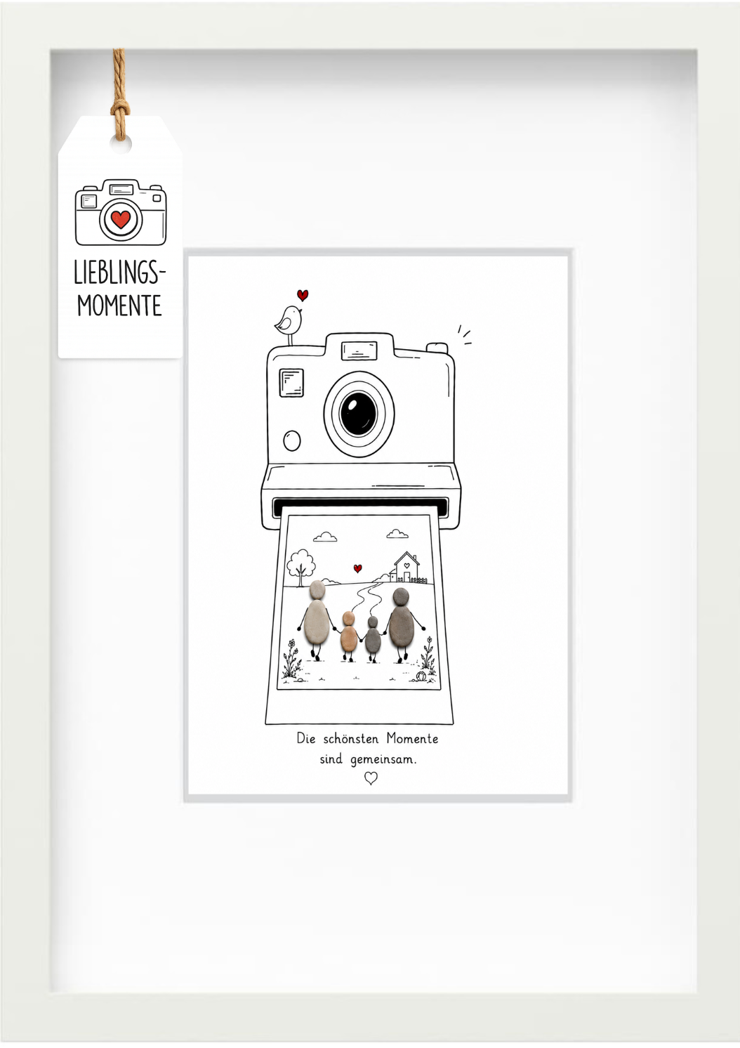Kieselsteinbild „Die schönsten Momente sind gemeinsam.“ – Geschenk für Familie mit zwei Kindern, handgemachtes Steinbild