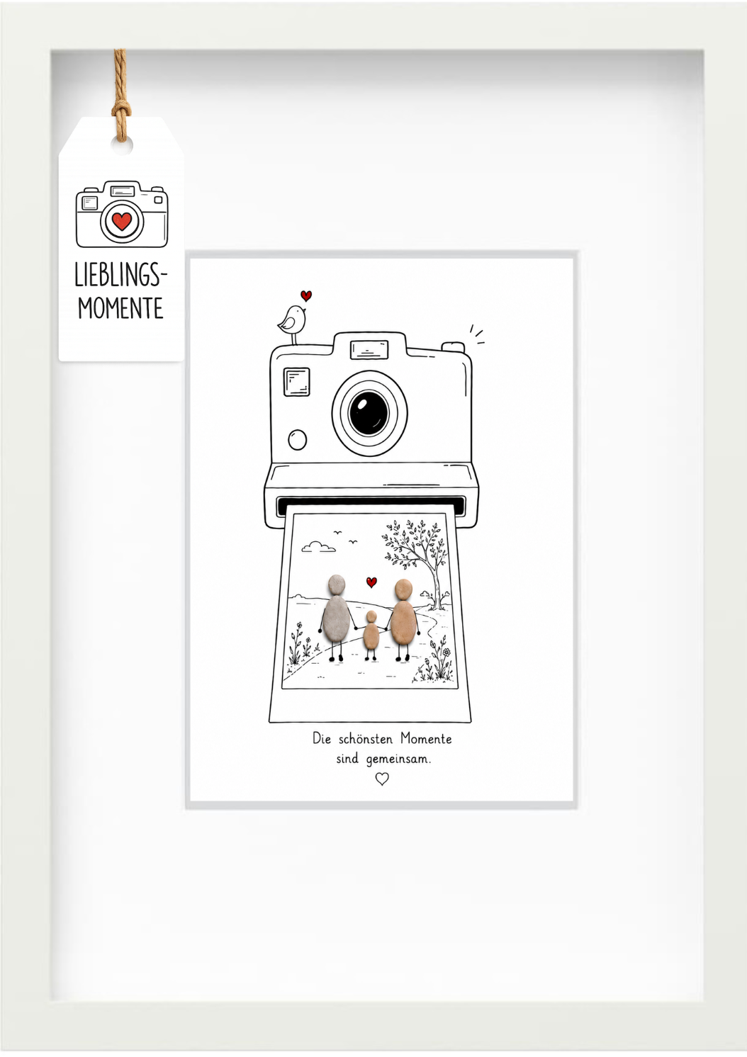 Kieselsteinbild „Die schönsten Momente sind gemeinsam.“ – Geschenk für Familie mit Kind, handgemachtes Steinbild