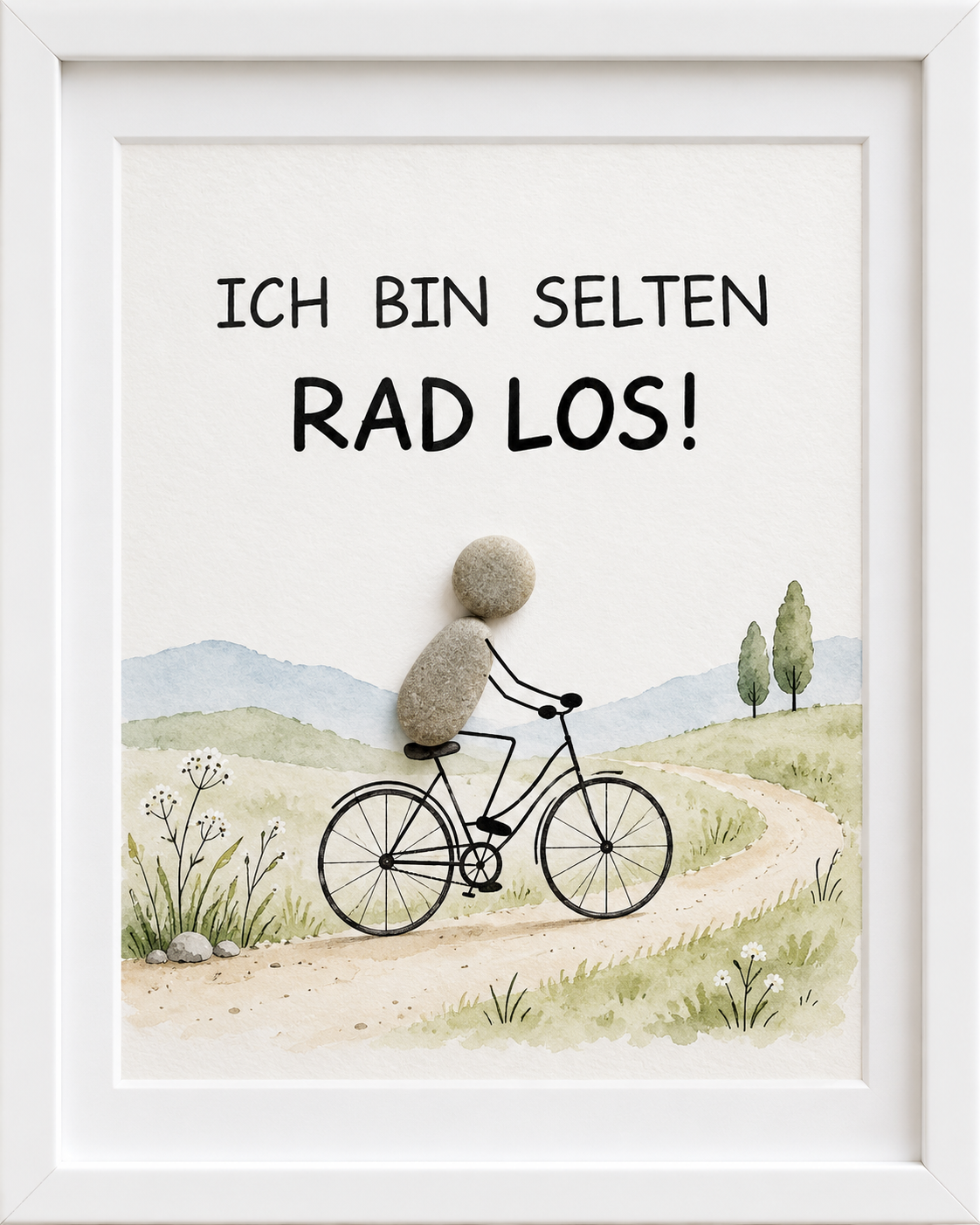 Kieselsteinbild Kieselstein-Figur auf dem Fahrrad „Ich bin selten Rad los!“ – lustiges Geschenk für Radfahrer, handgemachtes Steinbild