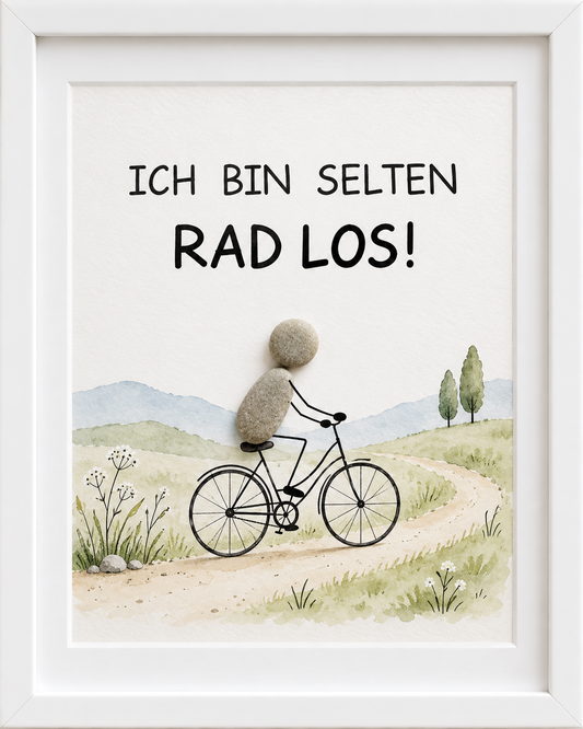 Kieselsteinbild Kieselstein-Figur auf dem Fahrrad „Ich bin selten Rad los!“ – lustiges Geschenk für Radfahrer, handgemachtes Steinbild
