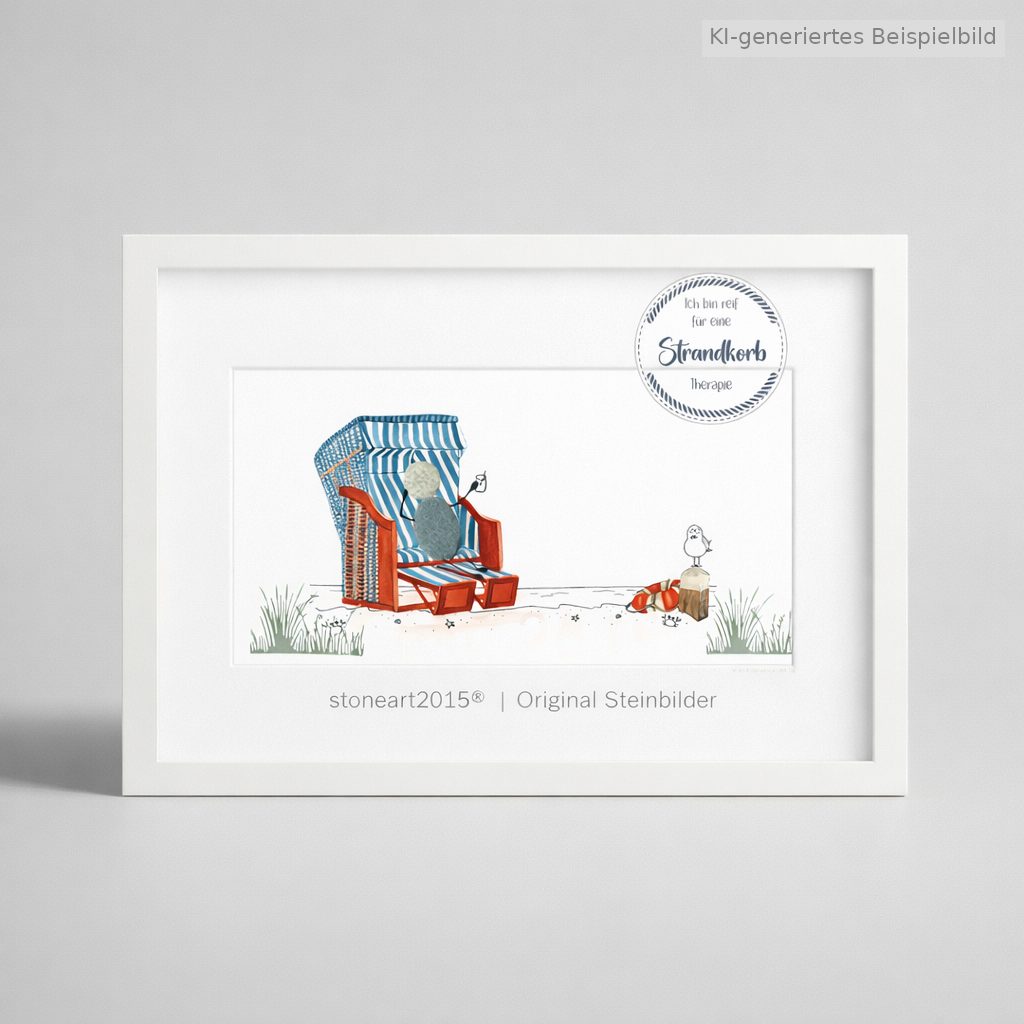 Kieselsteinbild Ich bin reif für eine Strandkorbtherapie – witziges Geschenk, handgemachtes Steinbild