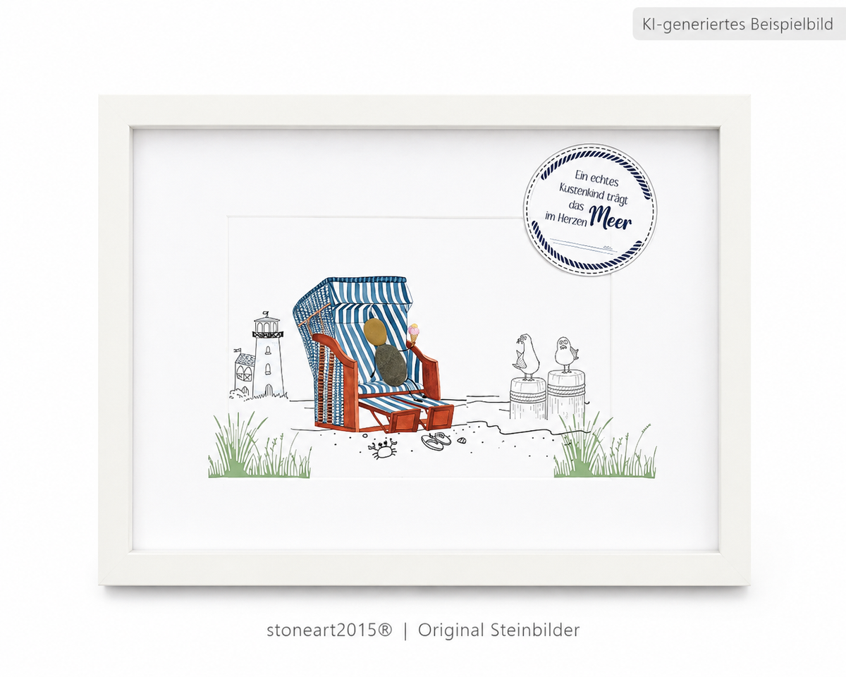 Kieselsteinbild Ein echtes Küstenkind trägt das Meer im Herzen – Geschenk für Meerliebhaber, handgemachtes Steinbild