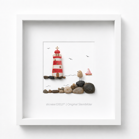 Kieselsteinbild Der Leuchtturm gibt Orientierung am Horizont – maritimes Geschenk, handgemachtes Steinbild