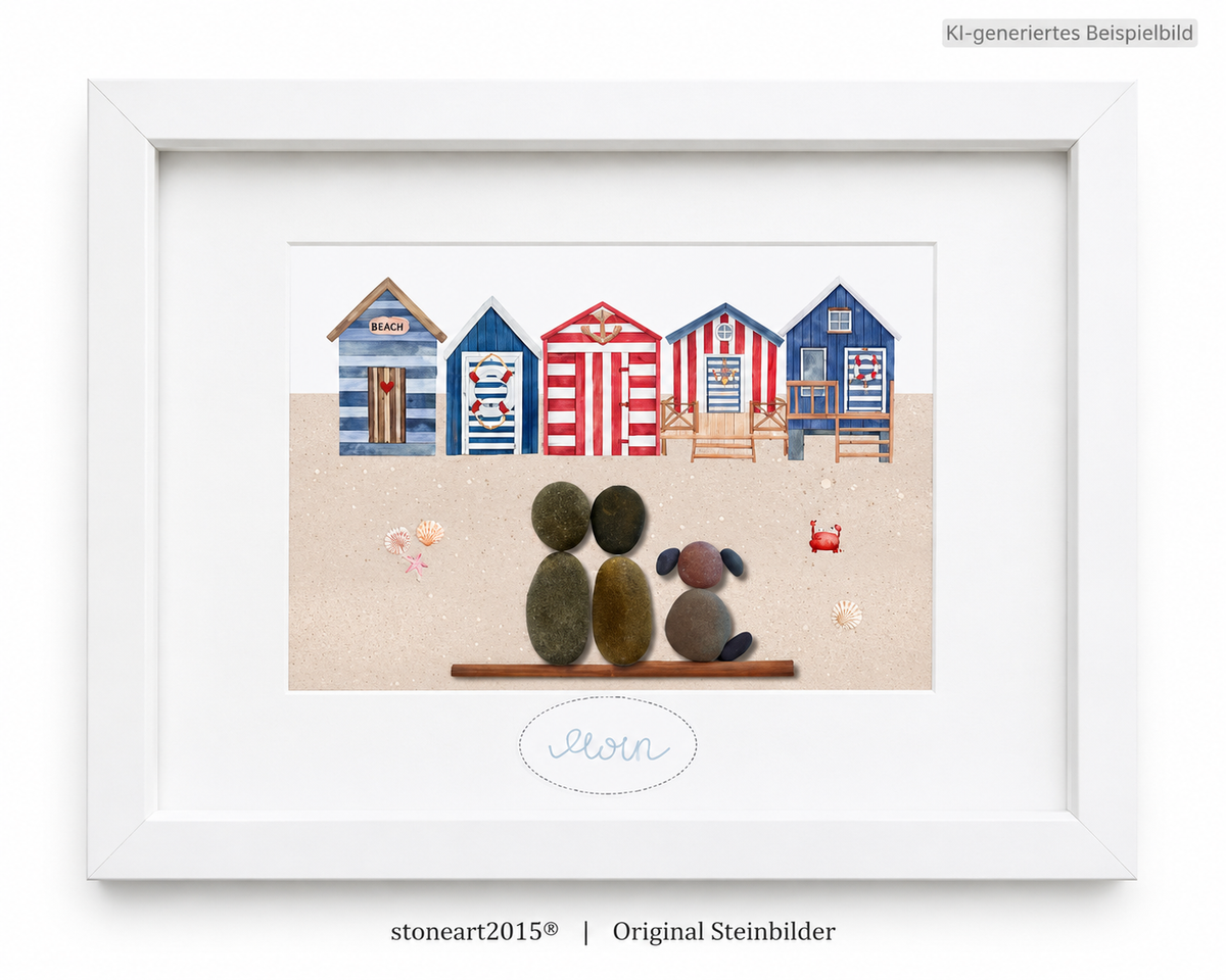 Kieselsteinbild Moin Strandhäuschen – maritimes Geschenk, handgemachtes Steinbild