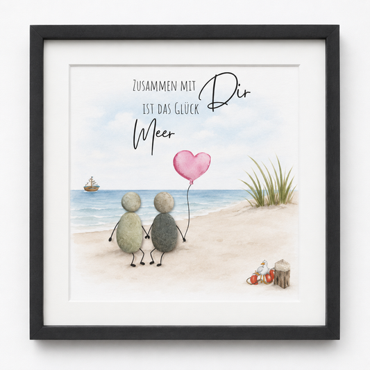 Kieselsteinbild Zusammen mit Dir ist das Glück Meer – Pärchen Geschenk, handgemachtes Steinbild