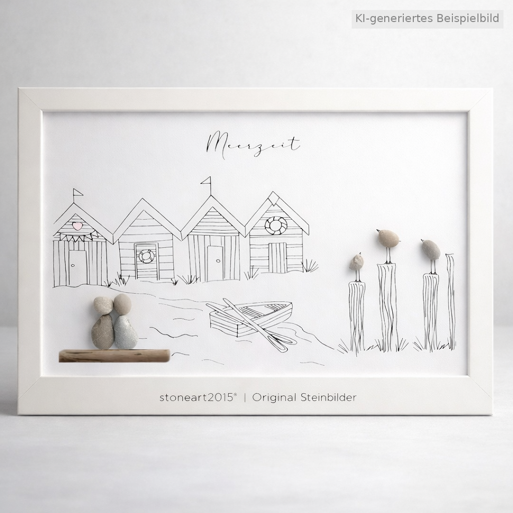 Kieselsteinbild Meerzeit Strandhäuschen Boot – maritimes Geschenk, handgemachtes Steinbild