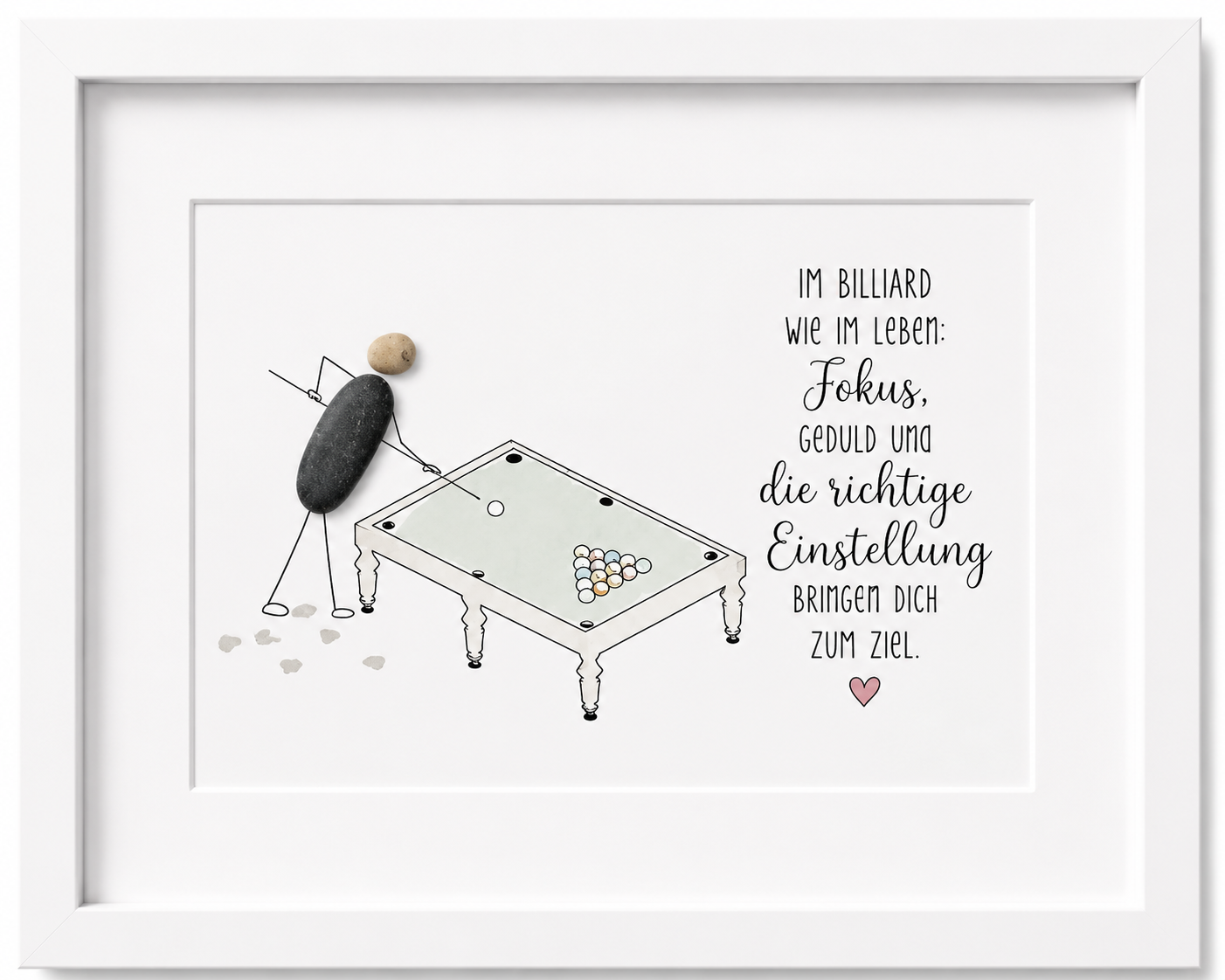 Kieselsteinbild Im Billiard wie im Leben, Fokus, Geduld und die richtige Einstellung bringen dich zum Ziel – Motivationsgeschenk, handgemachtes Steinbild