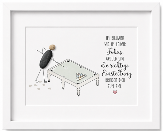 Kieselsteinbild Im Billiard wie im Leben, Fokus, Geduld und die richtige Einstellung bringen dich zum Ziel – Motivationsgeschenk, handgemachtes Steinbild