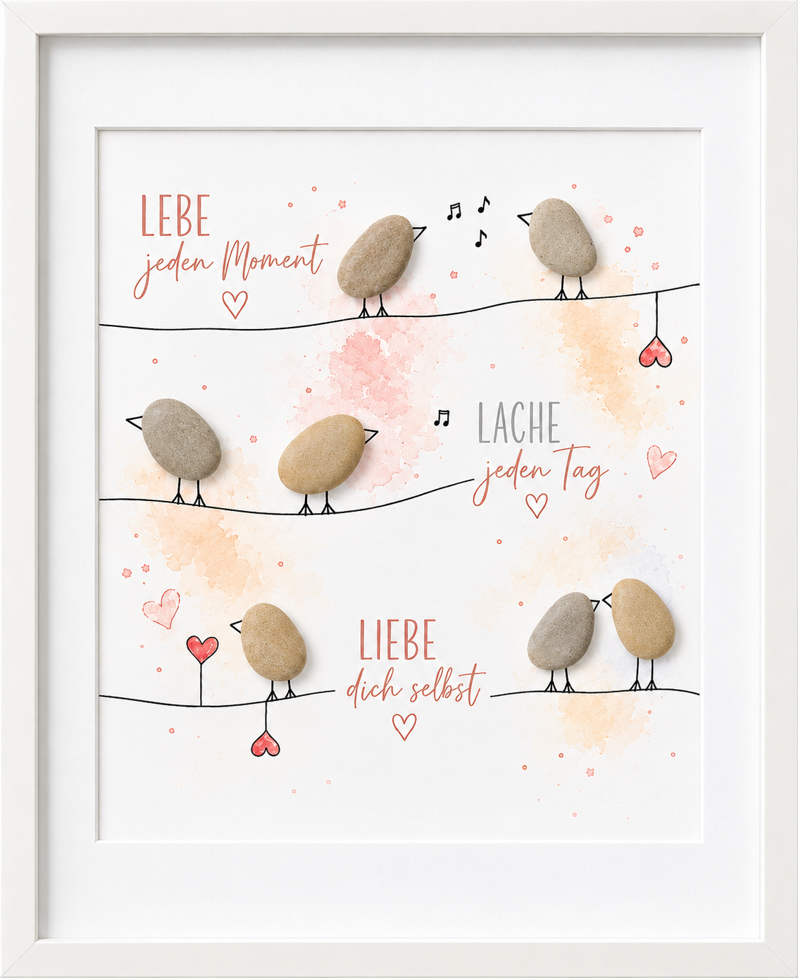 Kieselsteinbild Kieselstein-Vögel auf Leinen „Lebe jeden Moment, lache jeden Tag, liebe dich selbst“ – Geschenk zur Aufmunterung und Ermutigung, handgemachtes Steinbild