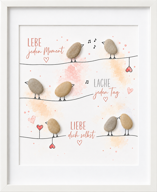 Kieselsteinbild Kieselstein-Vögel auf Leinen „Lebe jeden Moment, lache jeden Tag, liebe dich selbst“ – Geschenk zur Aufmunterung und Ermutigung, handgemachtes Steinbild