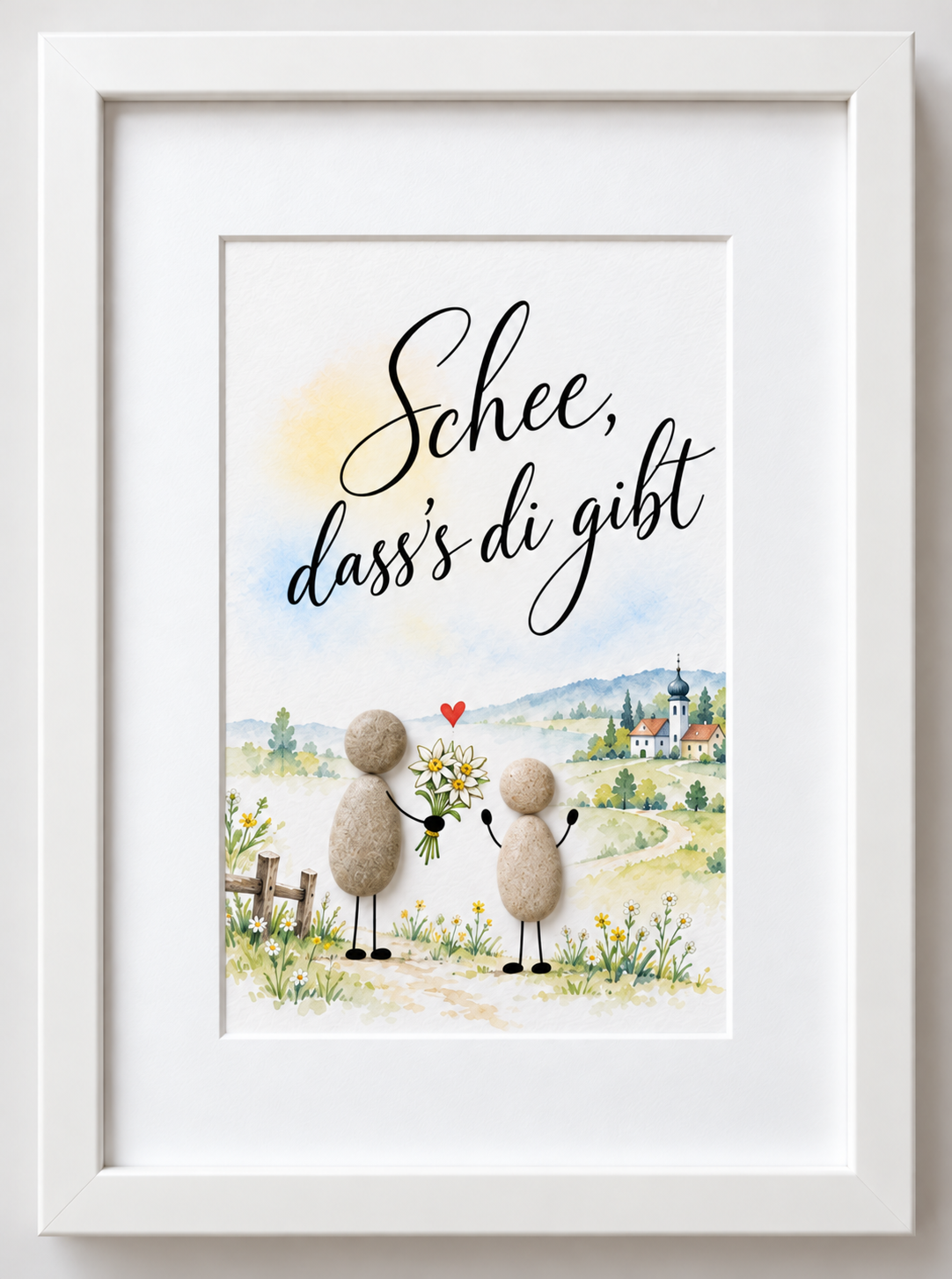 Kieselsteinbild „Schee, dass’s di gibt“ – Kieselstein-Figur mit Edelweiß-Strauß vor bayerischer Landschaft, bayerisches Geschenk, handgemachtes Steinbild
