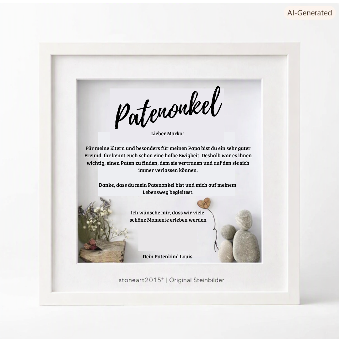 Kieselsteinbild Patenbrief Patenonkel – Taufgeschenk, handgemachtes Steinbild