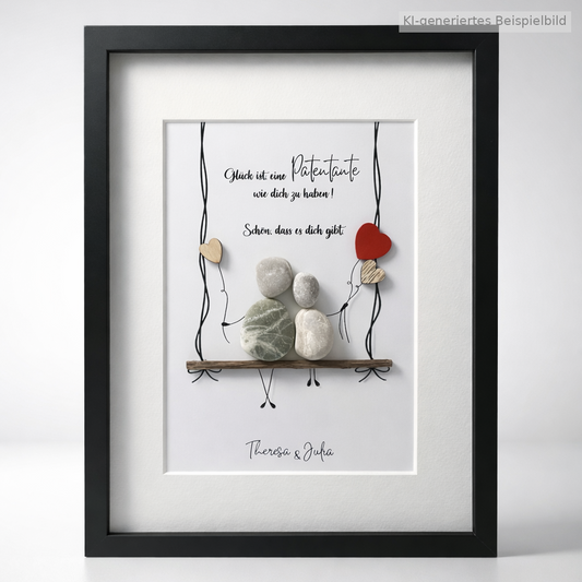 Kieselsteinbild Patentante Schaukel – Geschenk für Patentante, handgemachtes Steinbild
