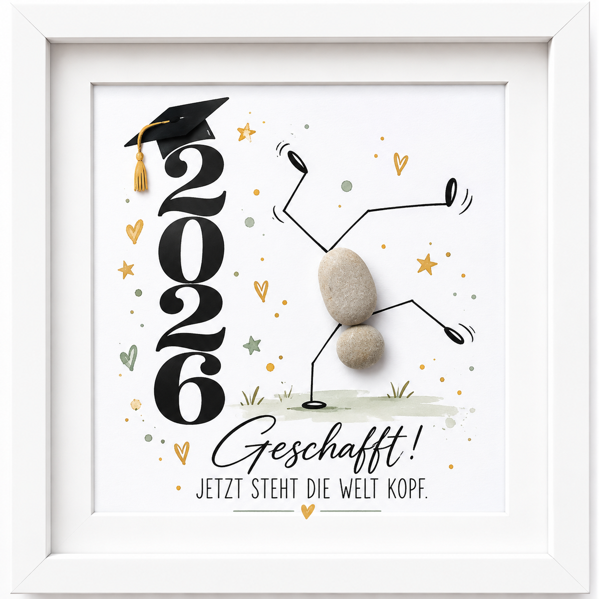 Kieselsteinbild Kieselstein-Figur im Handstand mit Doktorhut „Geschafft! Jetzt steht die Welt Kopf.“ – Geschenk zum Abschluss 2026, handgemachtes Steinbild