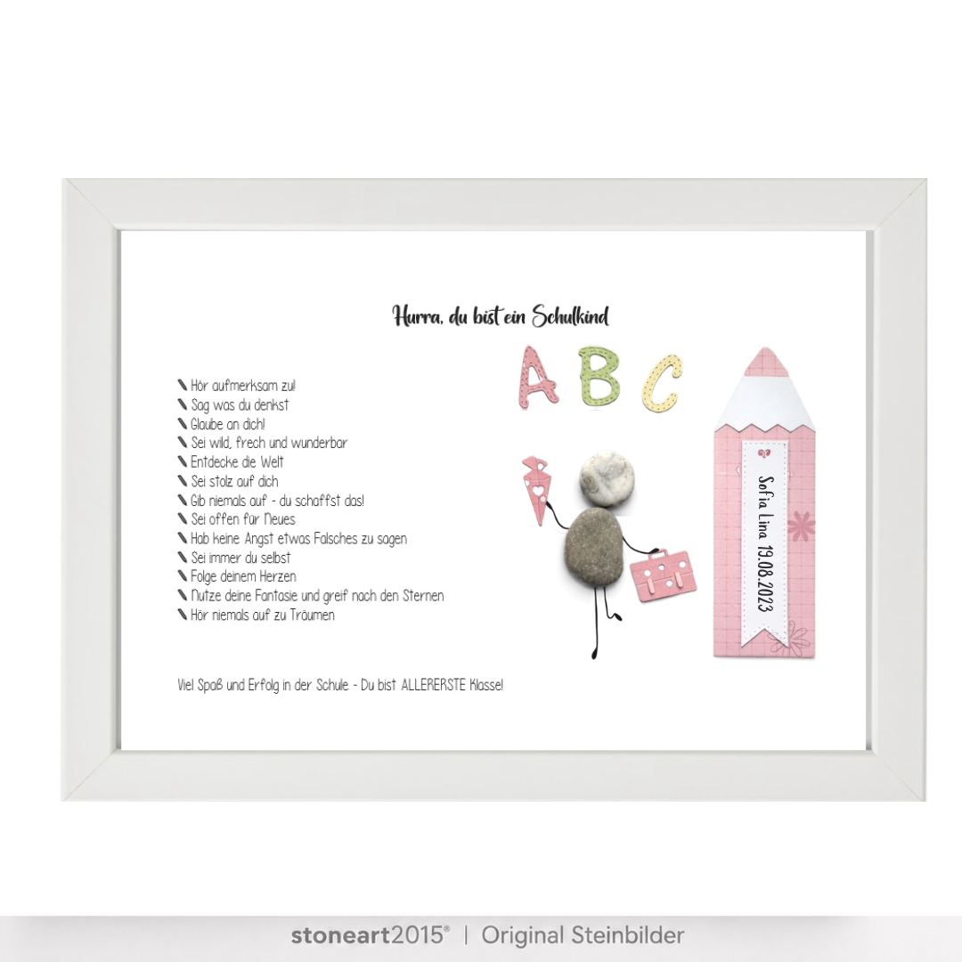 Kieselsteinbild Hurra du bist ein Schulkind – Geschenk zur Einschulung, handgemachtes Steinbild