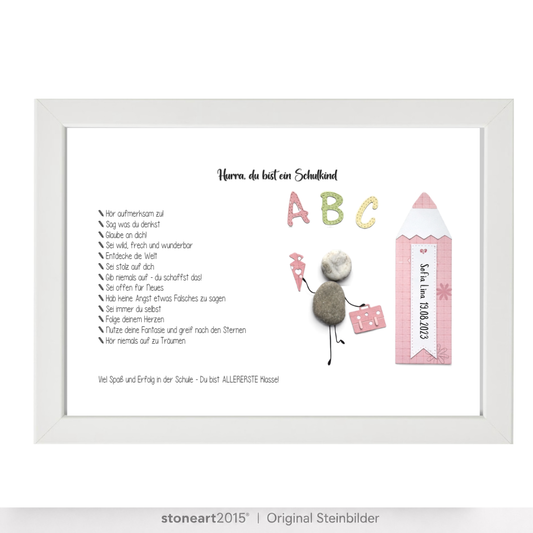 Kieselsteinbild Hurra du bist ein Schulkind – Geschenk zur Einschulung, handgemachtes Steinbild