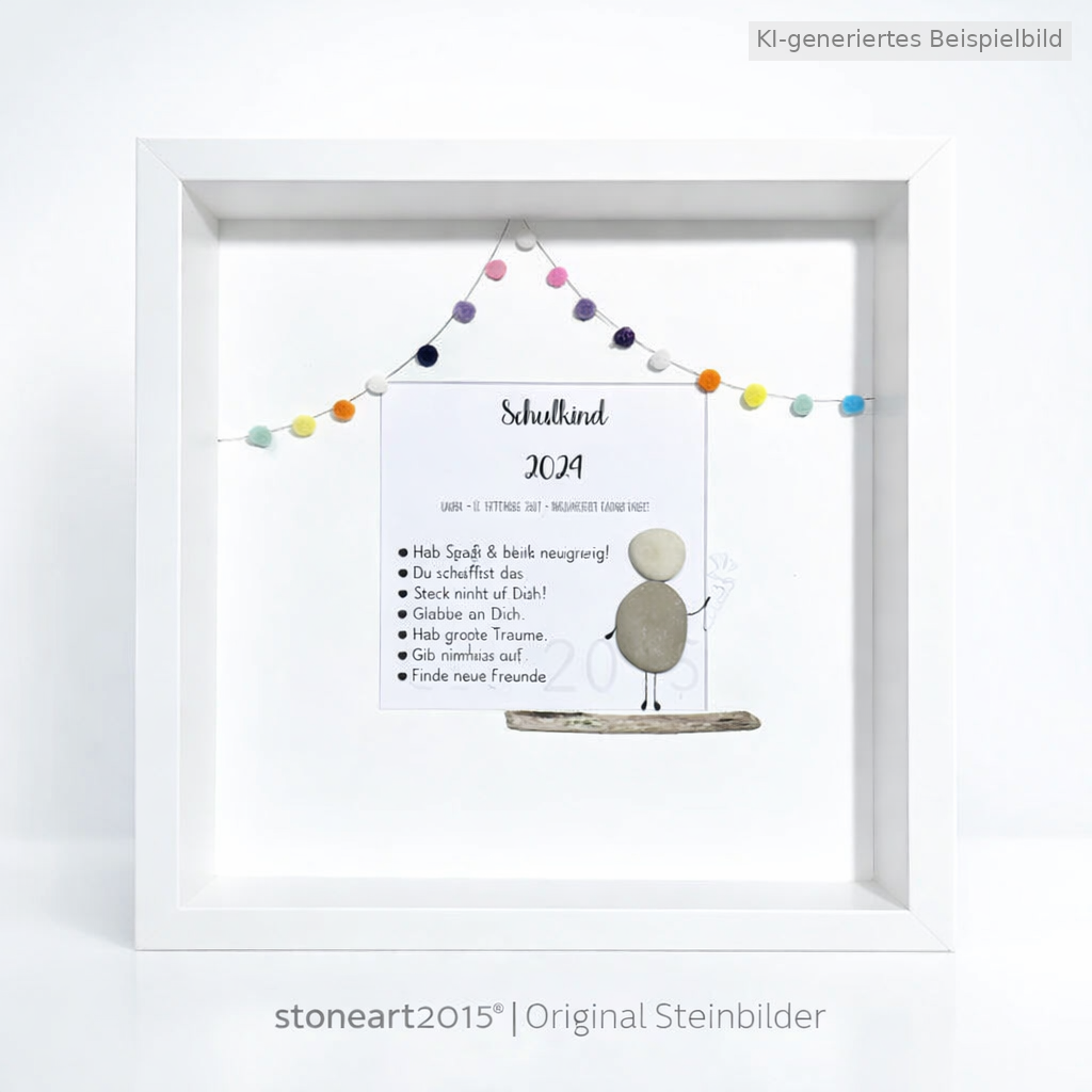 Kieselsteinbild Hurra endlich Schulkind – Einschulungsgeschenk, handgemachtes Steinbild