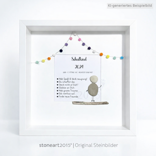 Kieselsteinbild Hurra endlich Schulkind – Einschulungsgeschenk, handgemachtes Steinbild