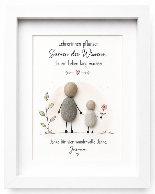Kieselsteinbild Lehrerinnen pflanzen die Samen des Wissens – Abschiedsgeschenk Lehrerin, handgemachtes Steinbild
