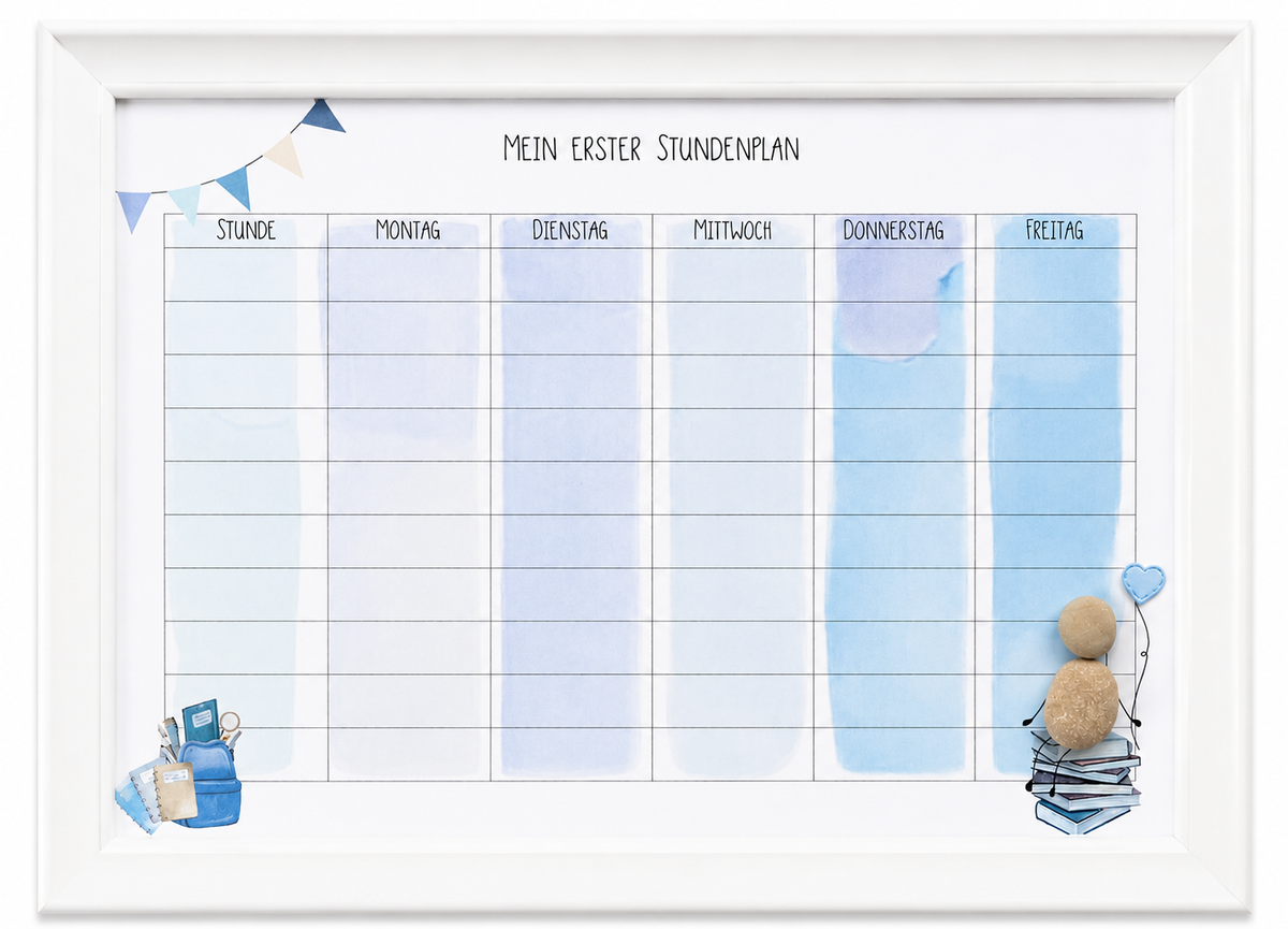 Kieselsteinbild Mein erster Stundenplan blau – Geschenk zur Einschulung für Jungen, handgemachtes Steinbild