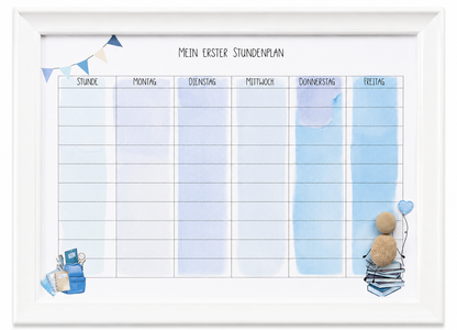 Kieselsteinbild Mein erster Stundenplan blau – Geschenk zur Einschulung für Jungen, handgemachtes Steinbild