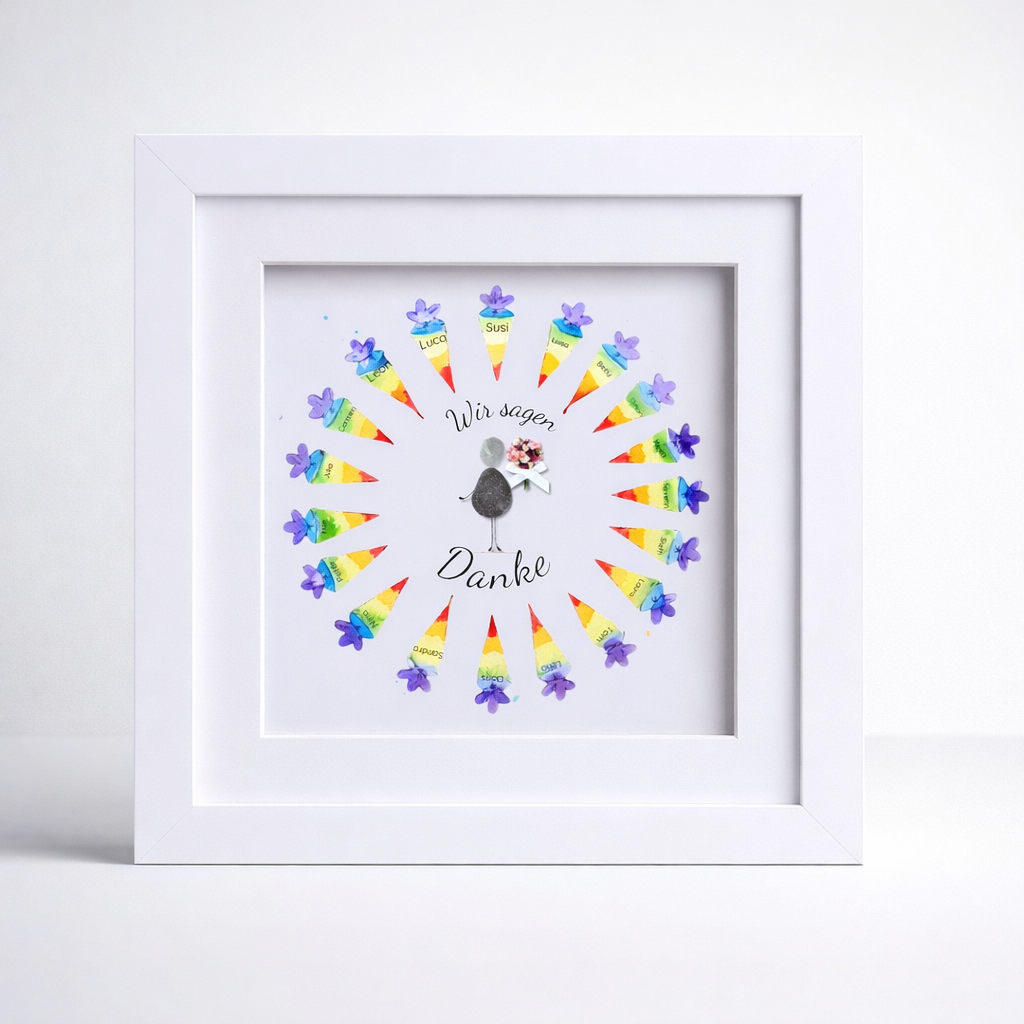 Kieselsteinbild Wir sagen Danke – Abschiedsgeschenk Lehrerin von der Klasse, handgemachtes Steinbild