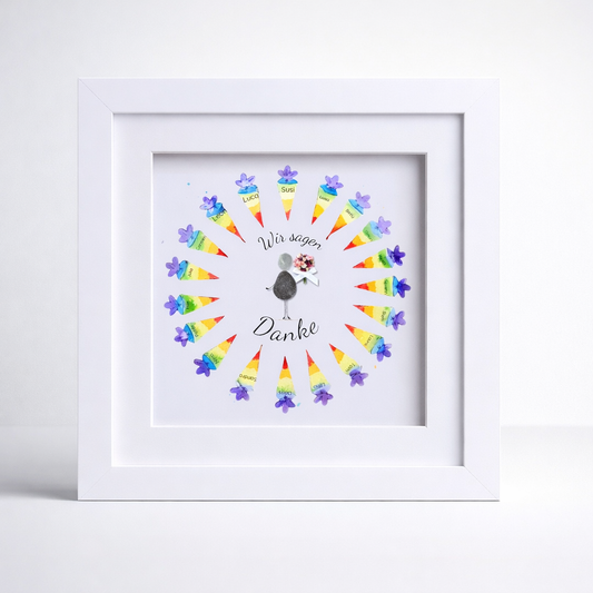 Kieselsteinbild Wir sagen Danke – Abschiedsgeschenk Lehrerin von der Klasse, handgemachtes Steinbild