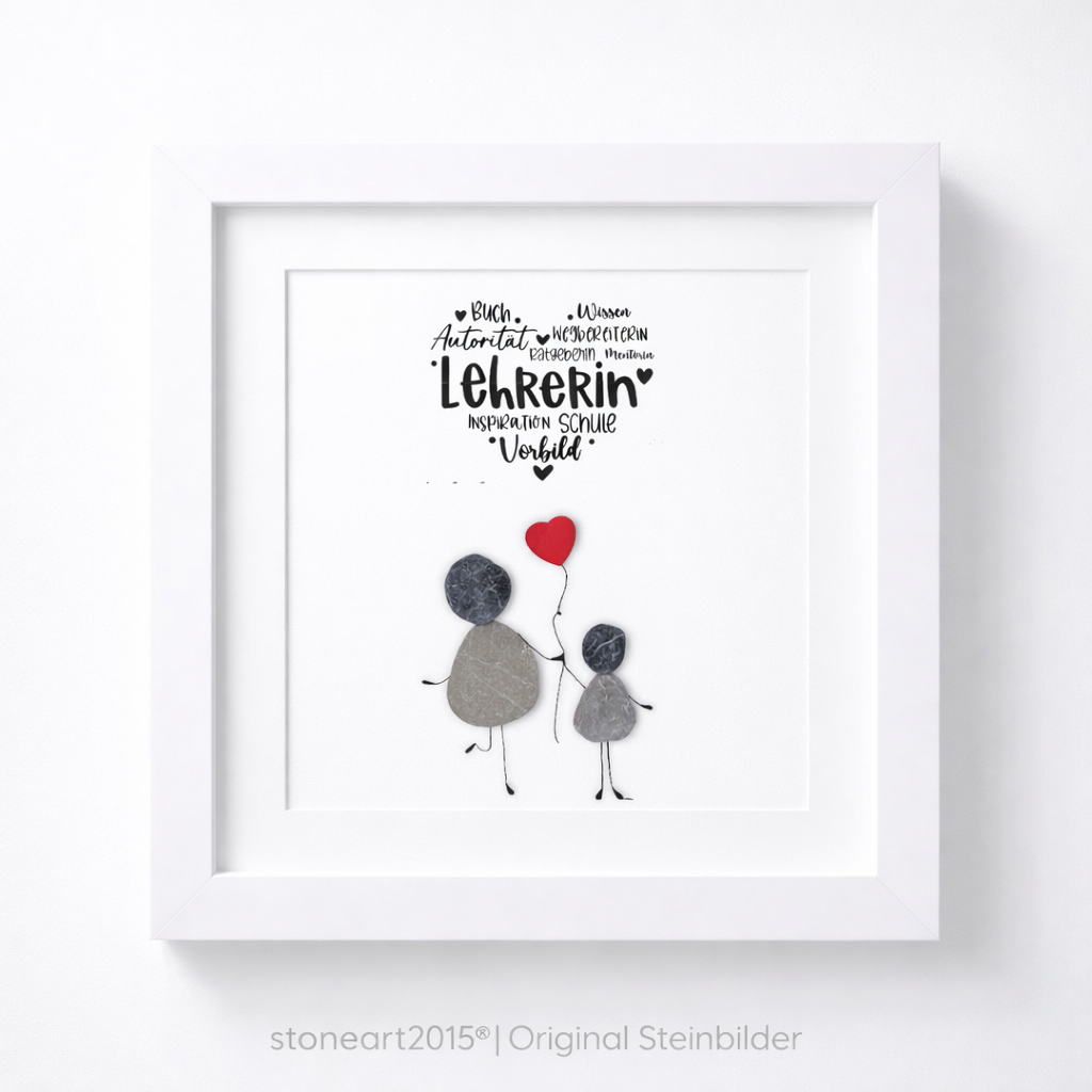 Kieselsteinbild Herz-Wordart – Abschiedsgeschenk Lehrerin, handgemachtes Steinbild