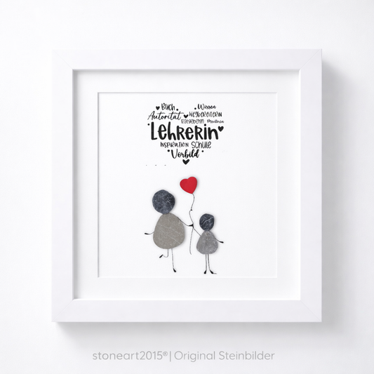 Kieselsteinbild Herz-Wordart – Abschiedsgeschenk Lehrerin, handgemachtes Steinbild