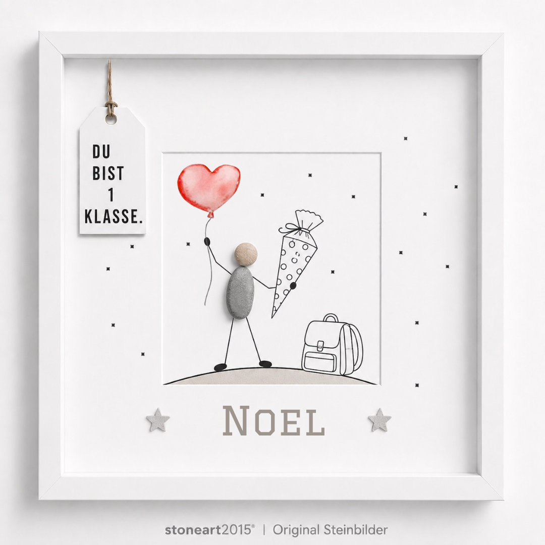 Kieselsteinbild Du bist 1. Klasse – Geschenk zur Einschulung mit Namen, handgemachtes Steinbild
