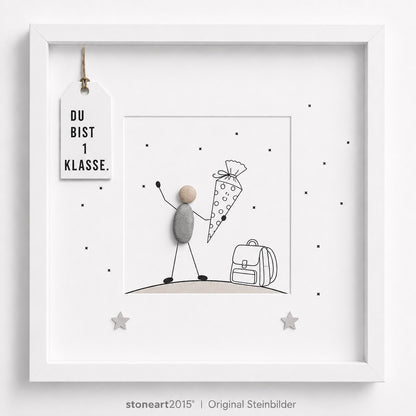 Kieselsteinbild Du bist 1. Klasse – Geschenk zur Einschulung mit Namen, handgemachtes Steinbild