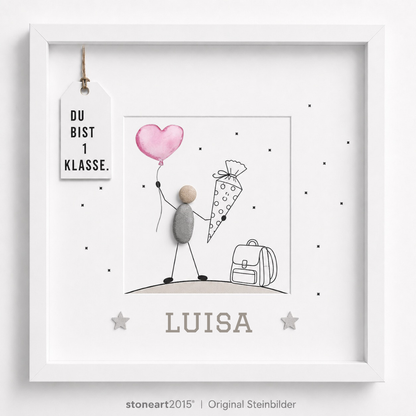 Kieselsteinbild Du bist 1. Klasse – Geschenk zur Einschulung mit Namen, handgemachtes Steinbild